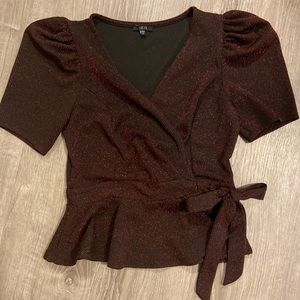 Puff Sleeve Surplice Neck Belted Peplum Blouse